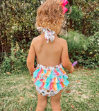 Colorful ghost tie ruffle romper